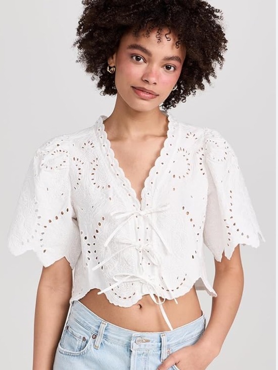 Moon River Tops - Moon River White Eyelet Lace-Up Puff Sleeve Crop Top